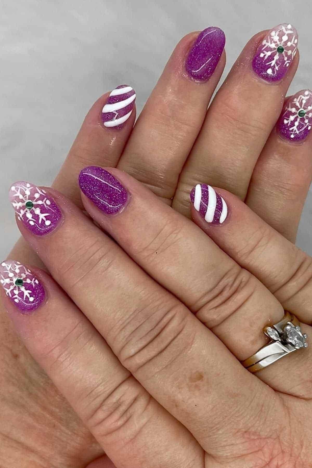 Purple Glitter Snowflake Nails