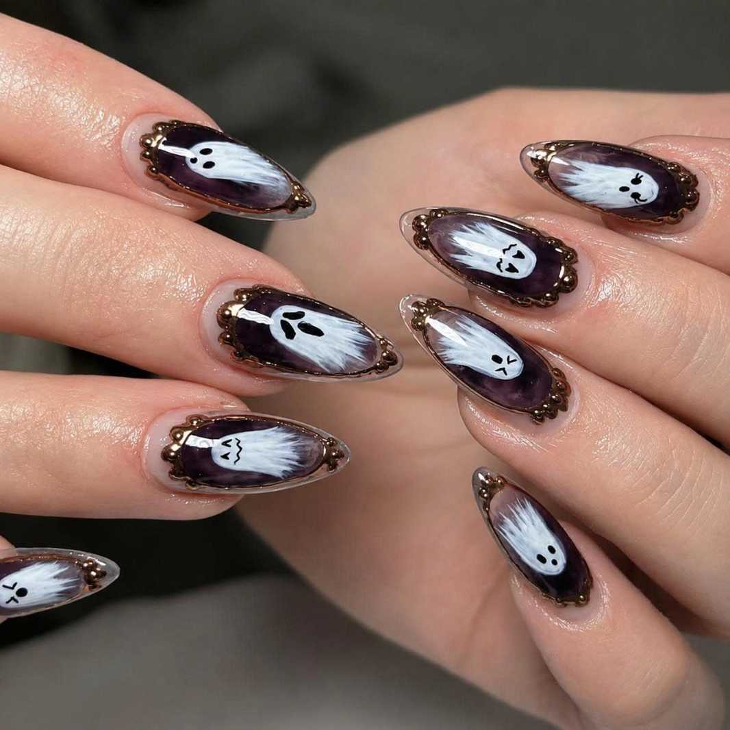 Purple Gothic Framed Mirror Ghost Halloween Nails