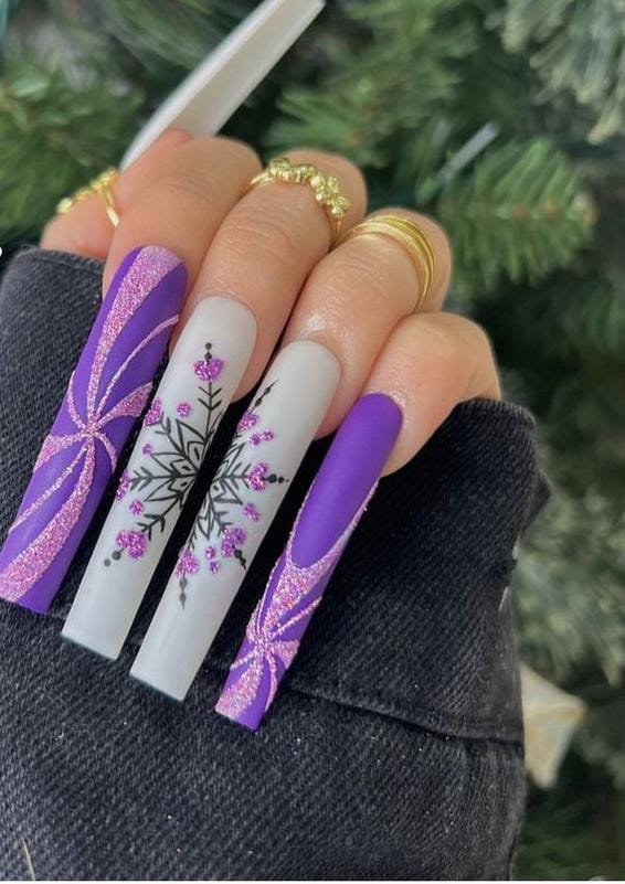 Purple Snowflake Spark Long Christmas Nails