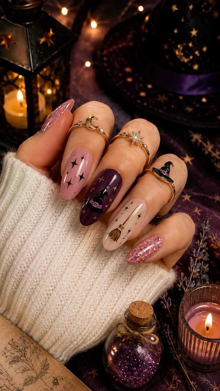 Purple Sparkle Witch Hat And Broom Witchy Halloween Nails