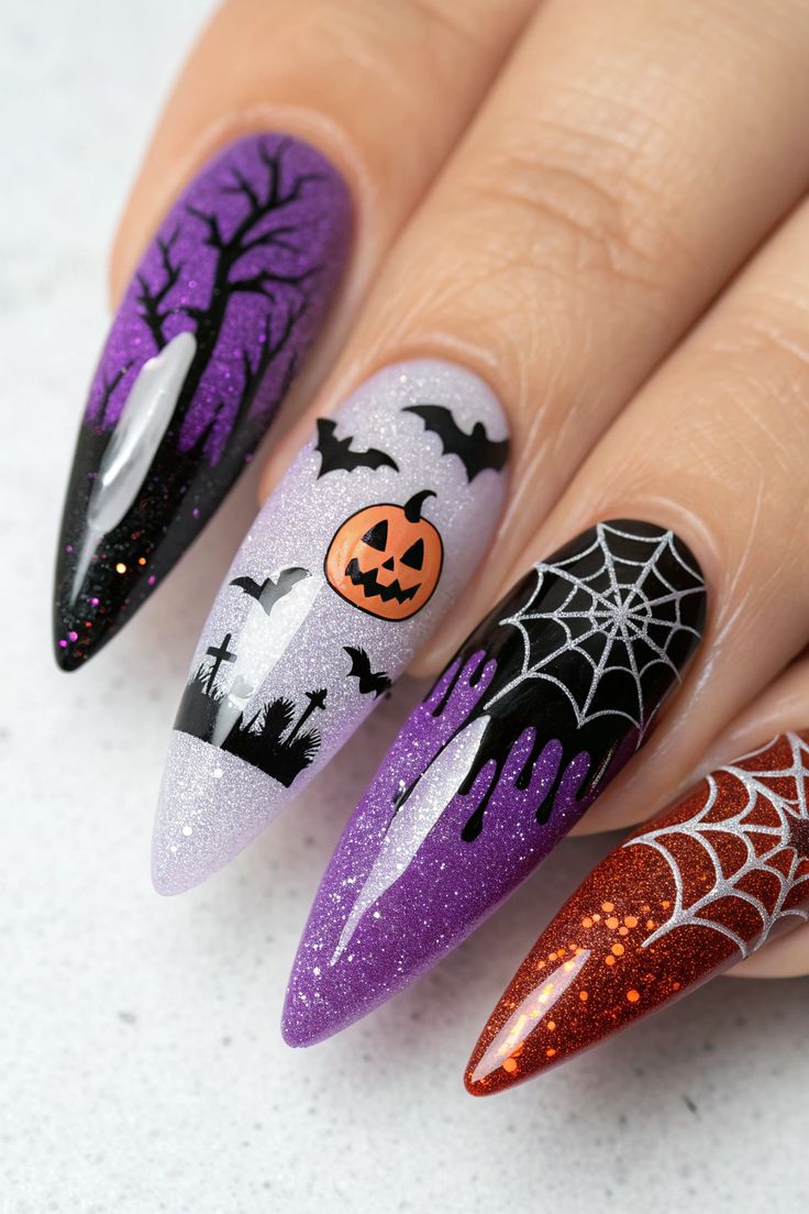 Long coffin shaped glossy dark purple nails with silver glittery spiderweb designs.