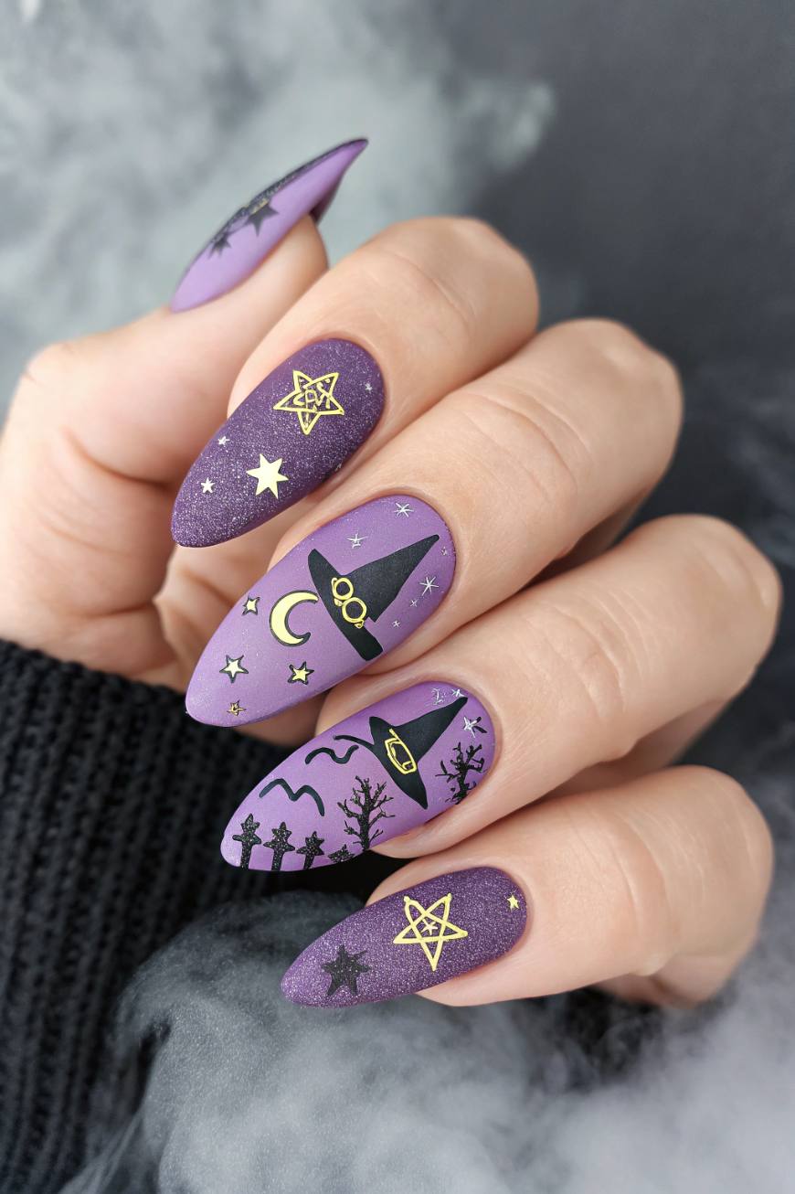 Purple Witch Hat And Graveyard Stiletto Witchy Halloween Nails