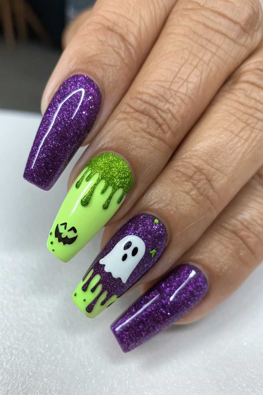 Purple Glitter And Neon Green Slime Ghost Coffin Halloween Nails