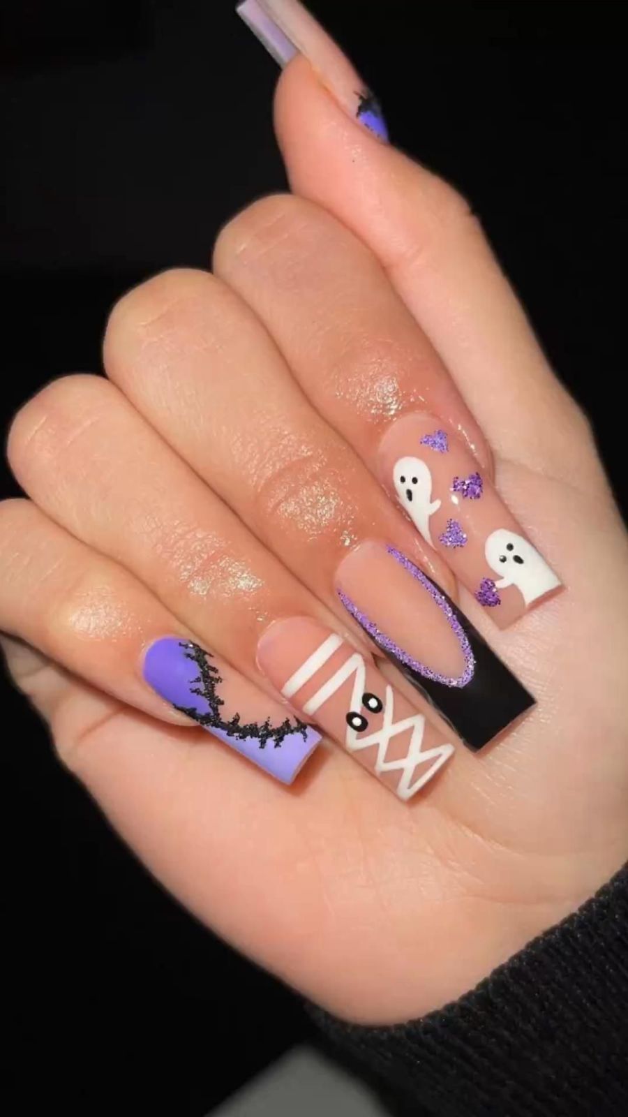 Purple Glitter Mummy And Ghost Square Halloween Nails