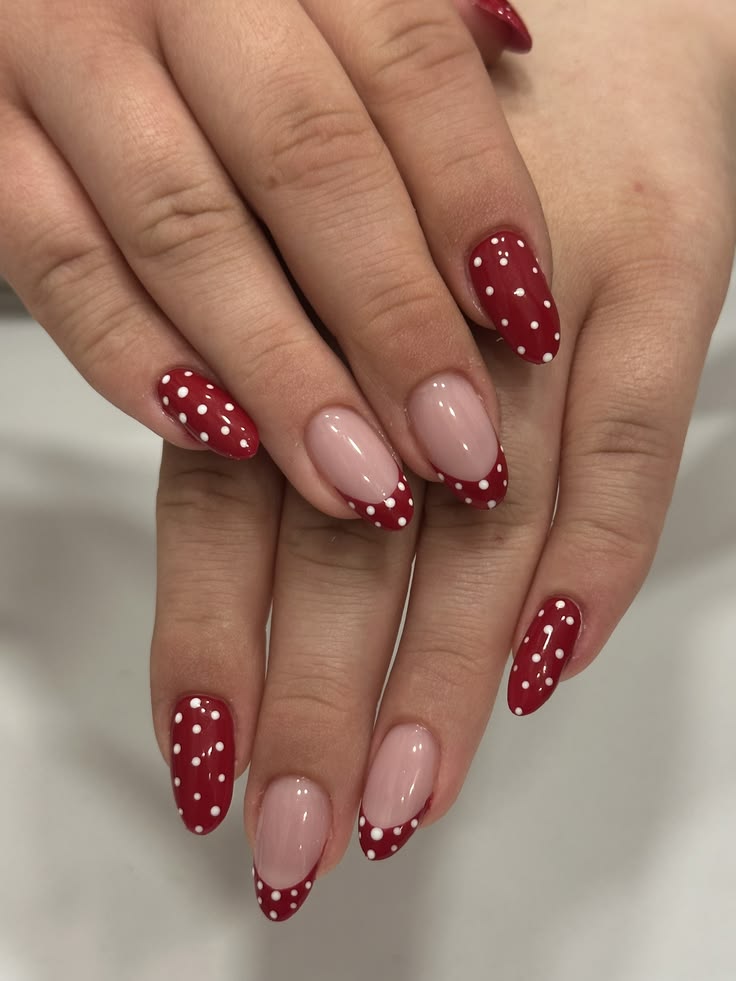 Red and black french tip nails with polka dots on coffin glossy finish for party night.