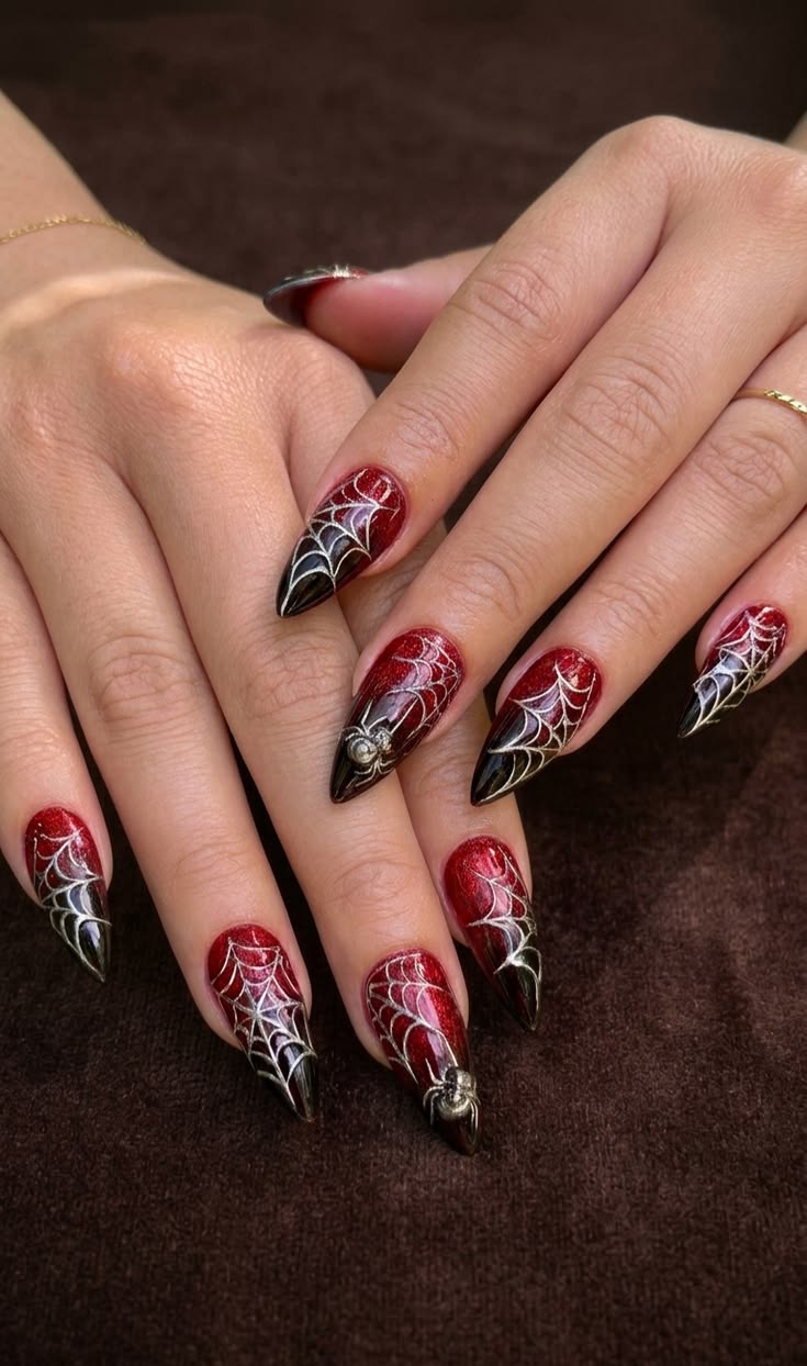 Red & Black Glitter Spiderweb Halloween Nails Inspo