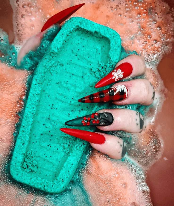 Red Black Plaid Stiletto Goth Nails