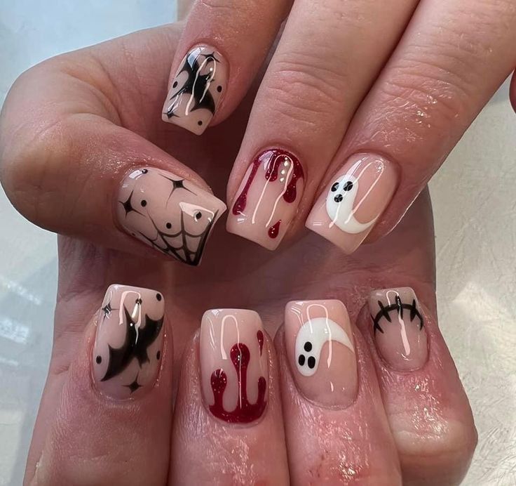 Red Blood Drip And Cute Ghost Halloween Nails
