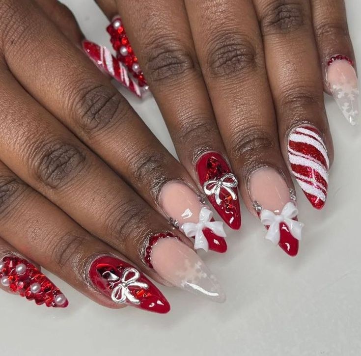 Red Bow Almond Cute Nails