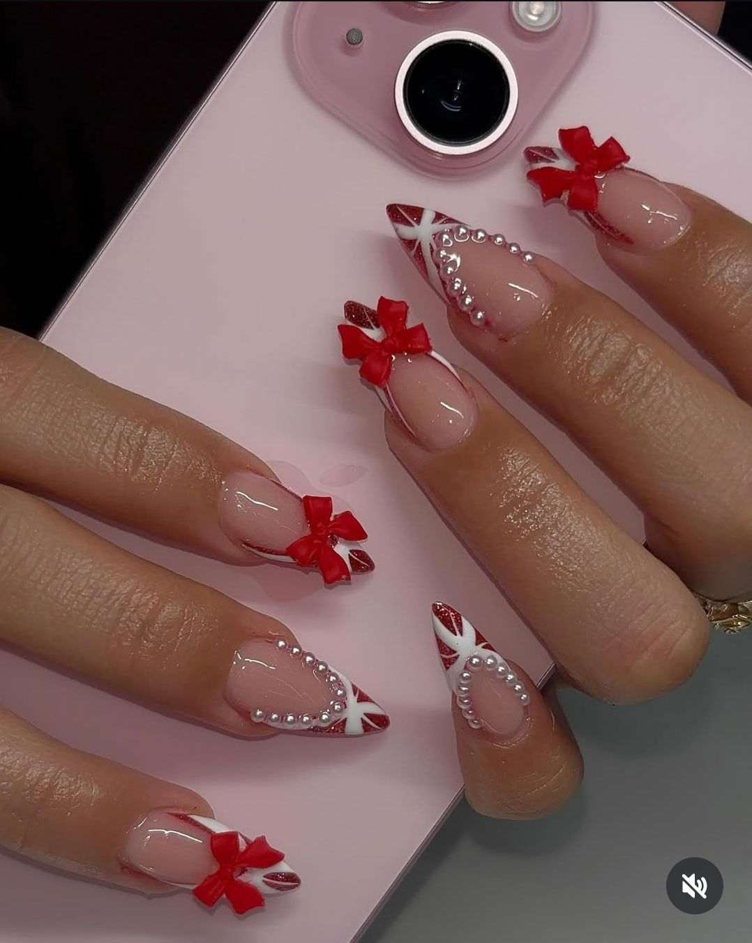 Red Bow Stiletto Set Nails