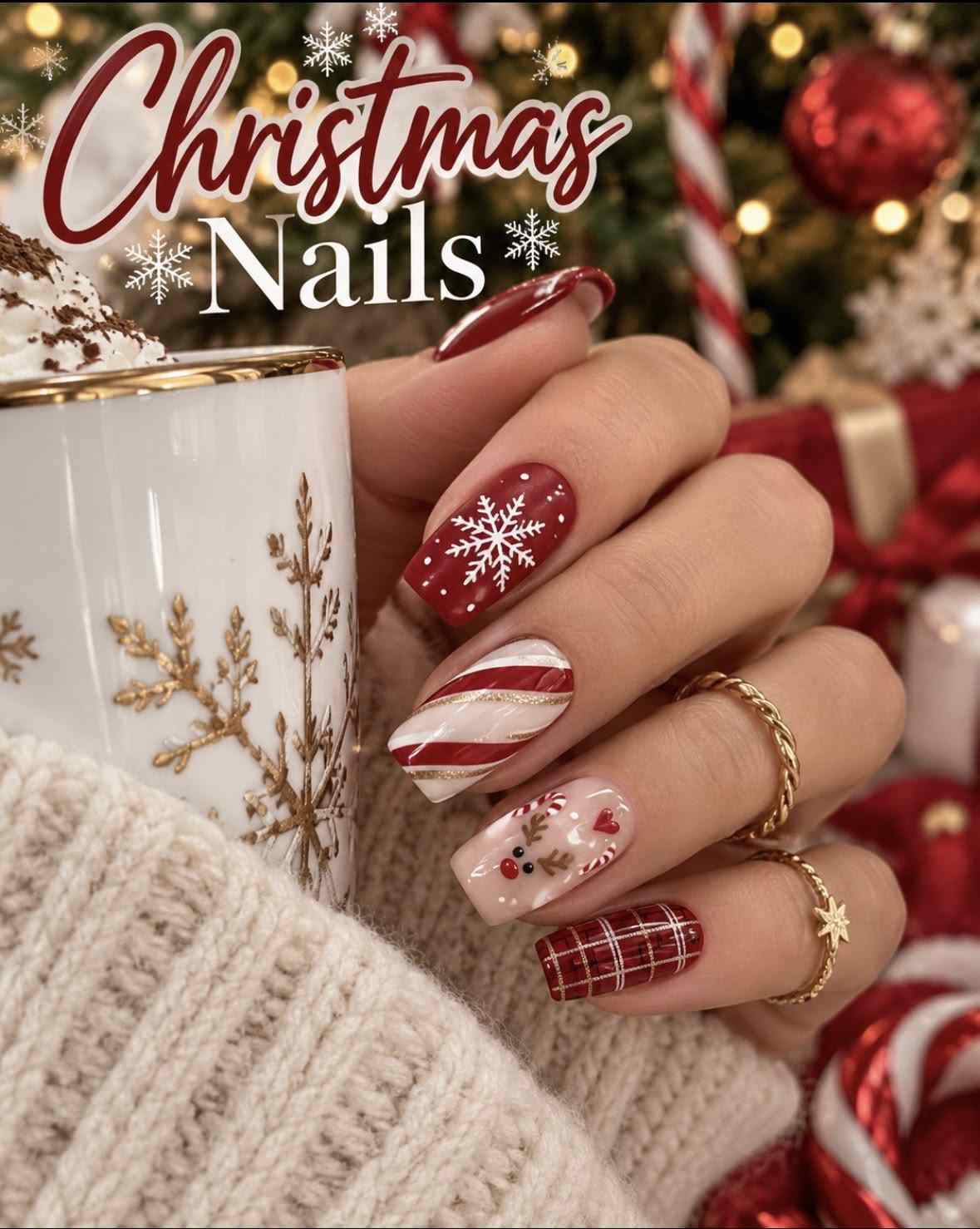 Red Candy Reindeer Stiletto Nails