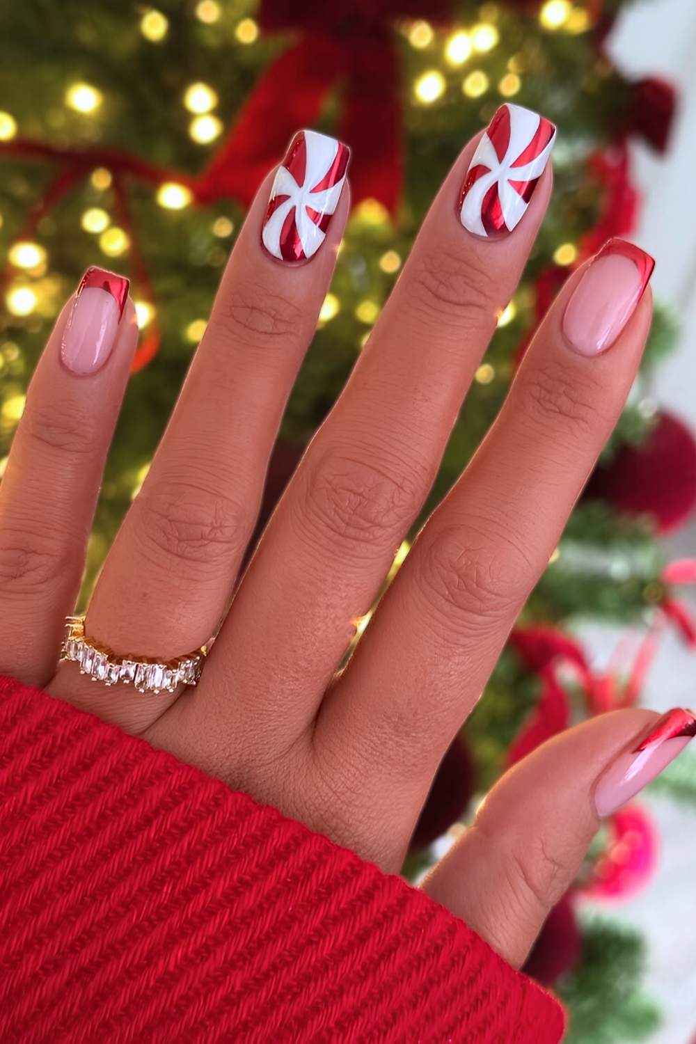 Red Chrome Swirl French Nails