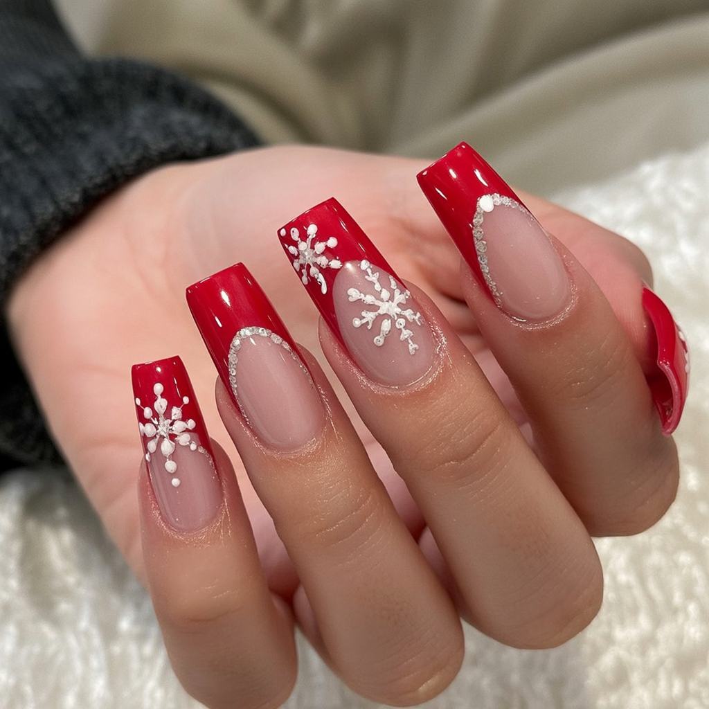 Red French Crystal Snowflake Square Nails