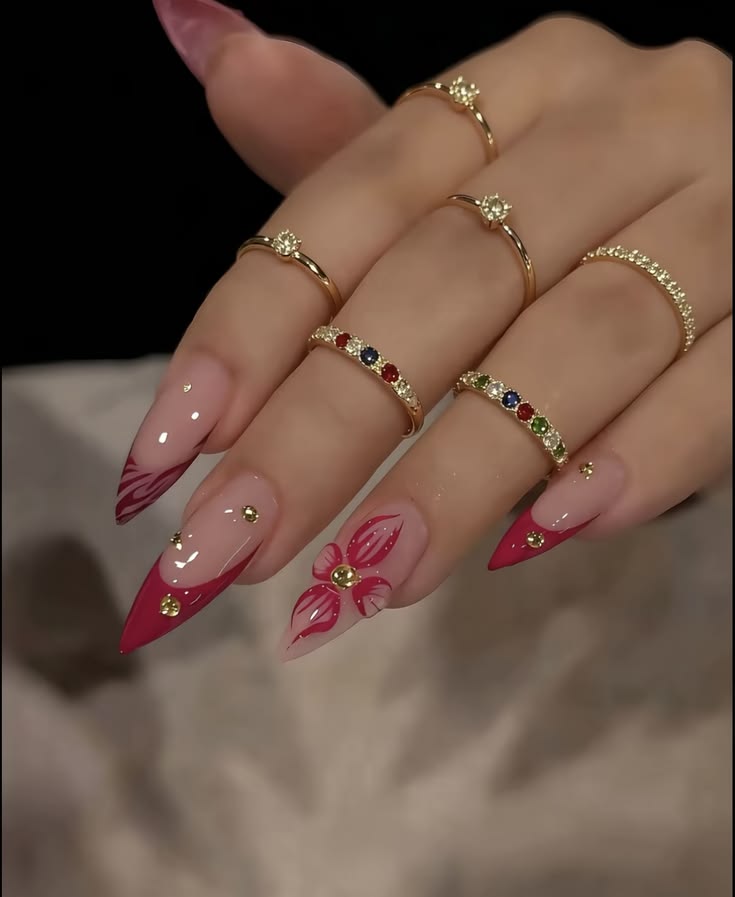 Red French Floral Nails