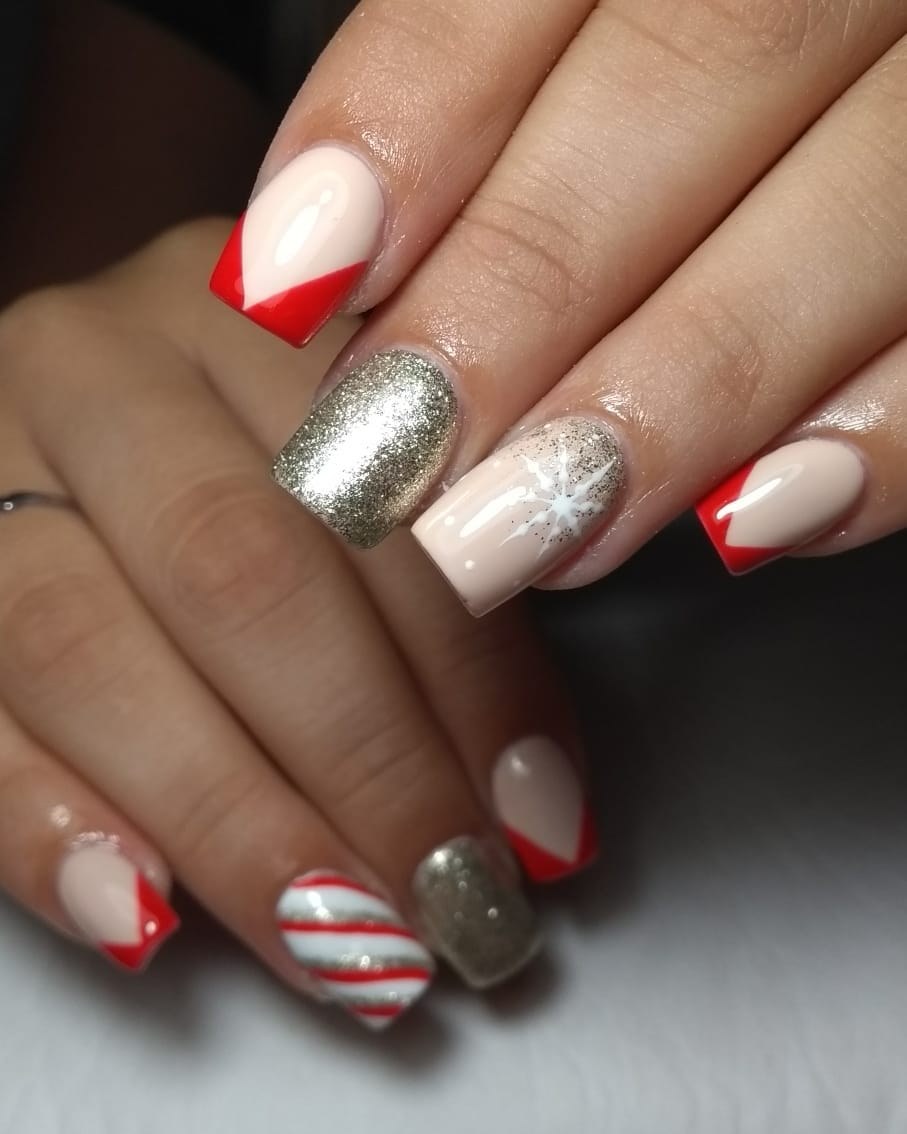 Red French Gold Sparkle Square Nails