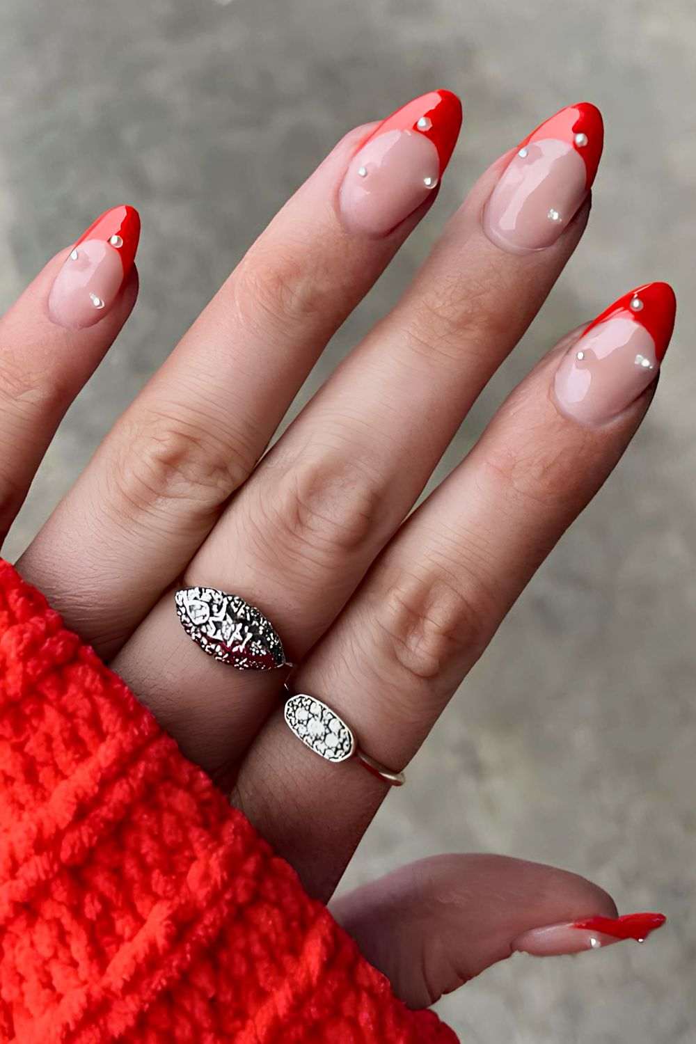 Red French Pearl Christmas Nails