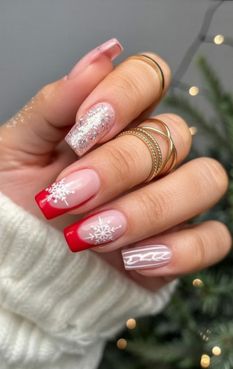 Red French Silver Sparkle Square Nails
