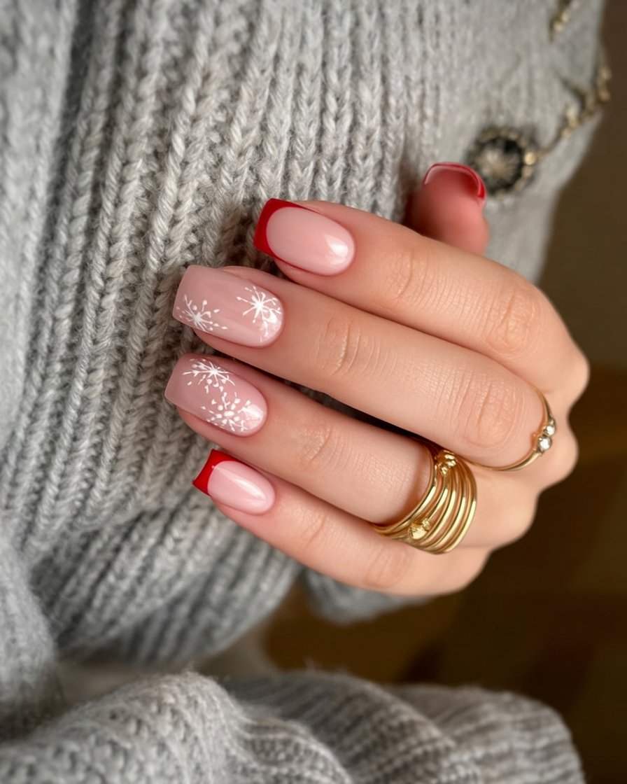 Red French Snowflake Square Nails