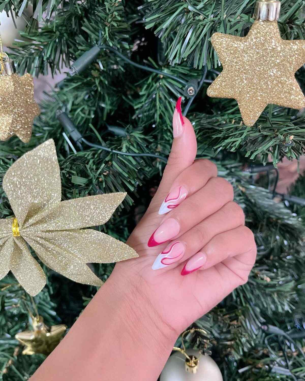 Red French Swirl Almond Nails