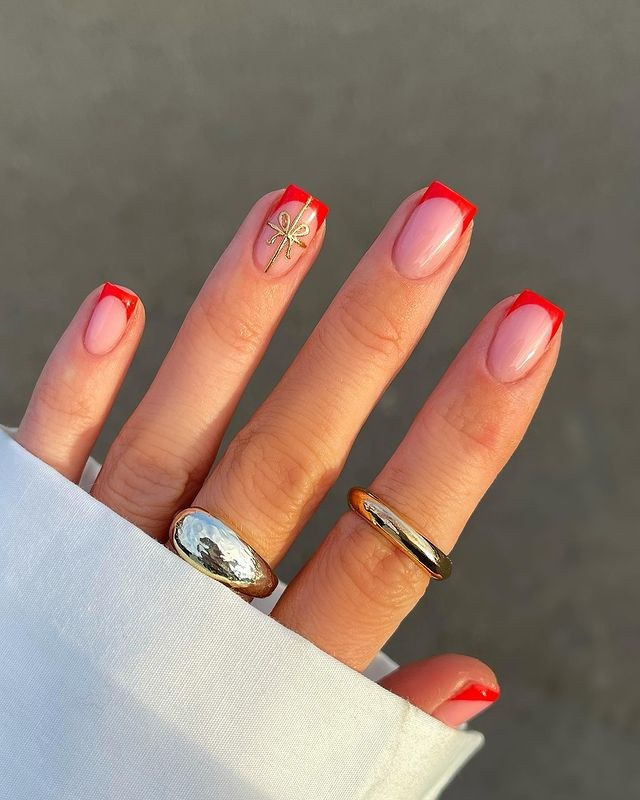 Red French Tip Gold Bow Nails
