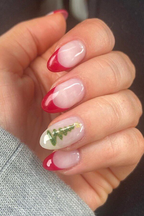 Red French Tree Accent Short Nails