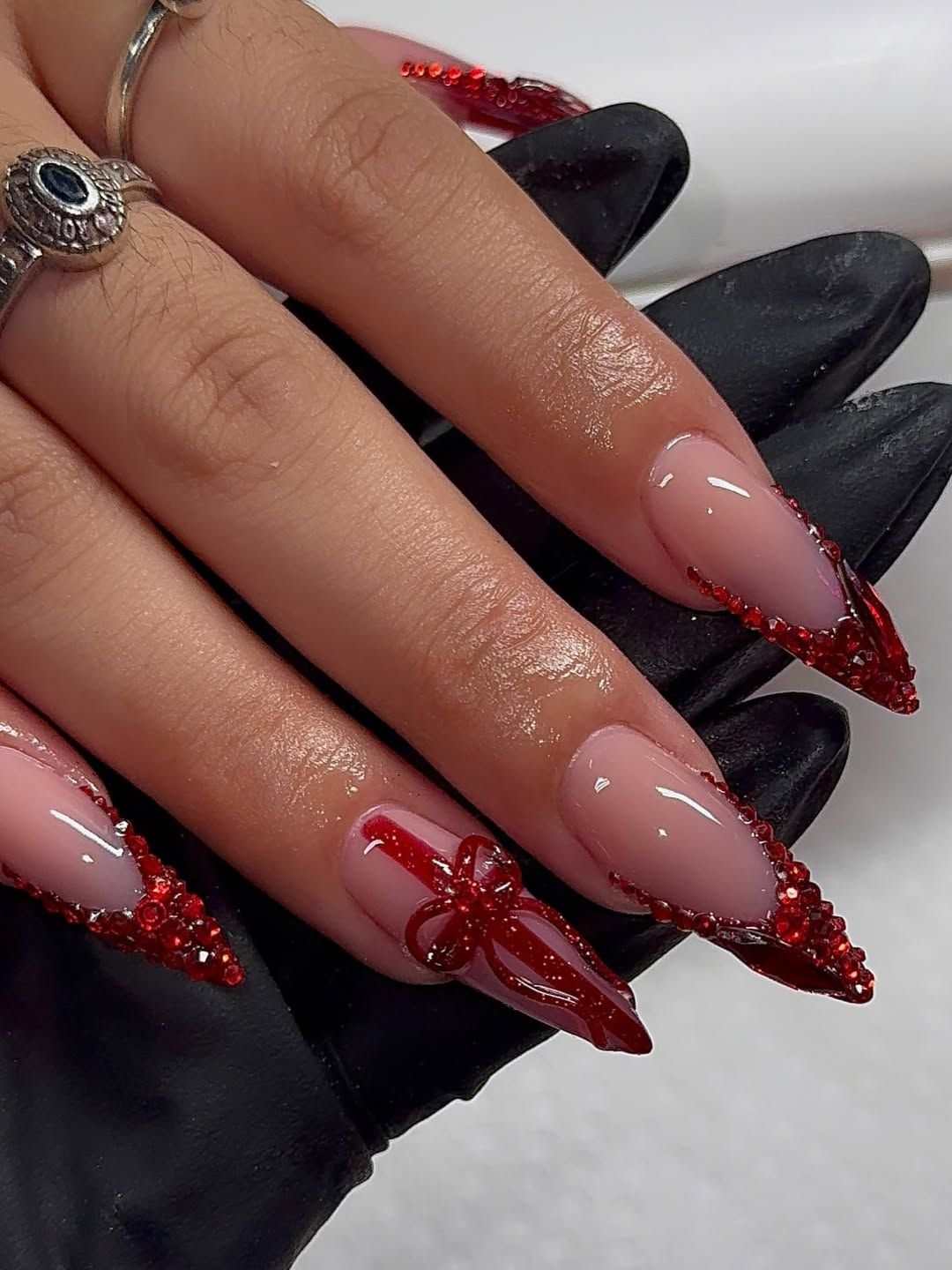 Red Gem Bow Stiletto Nails