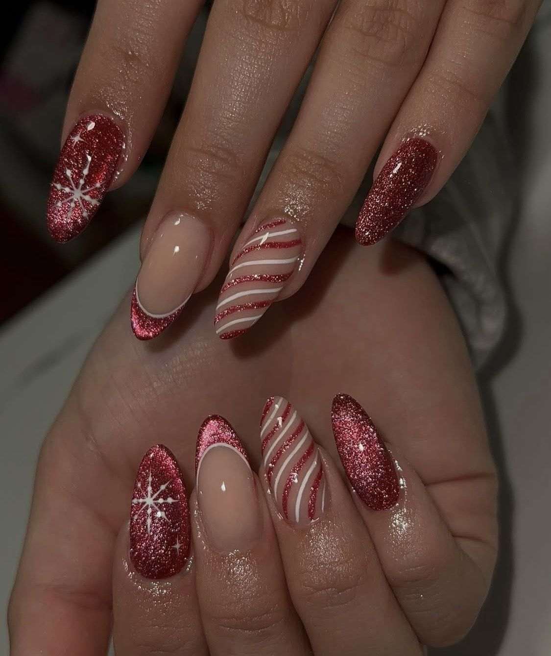 Red Glitter Candy Cane Snowflake Nails