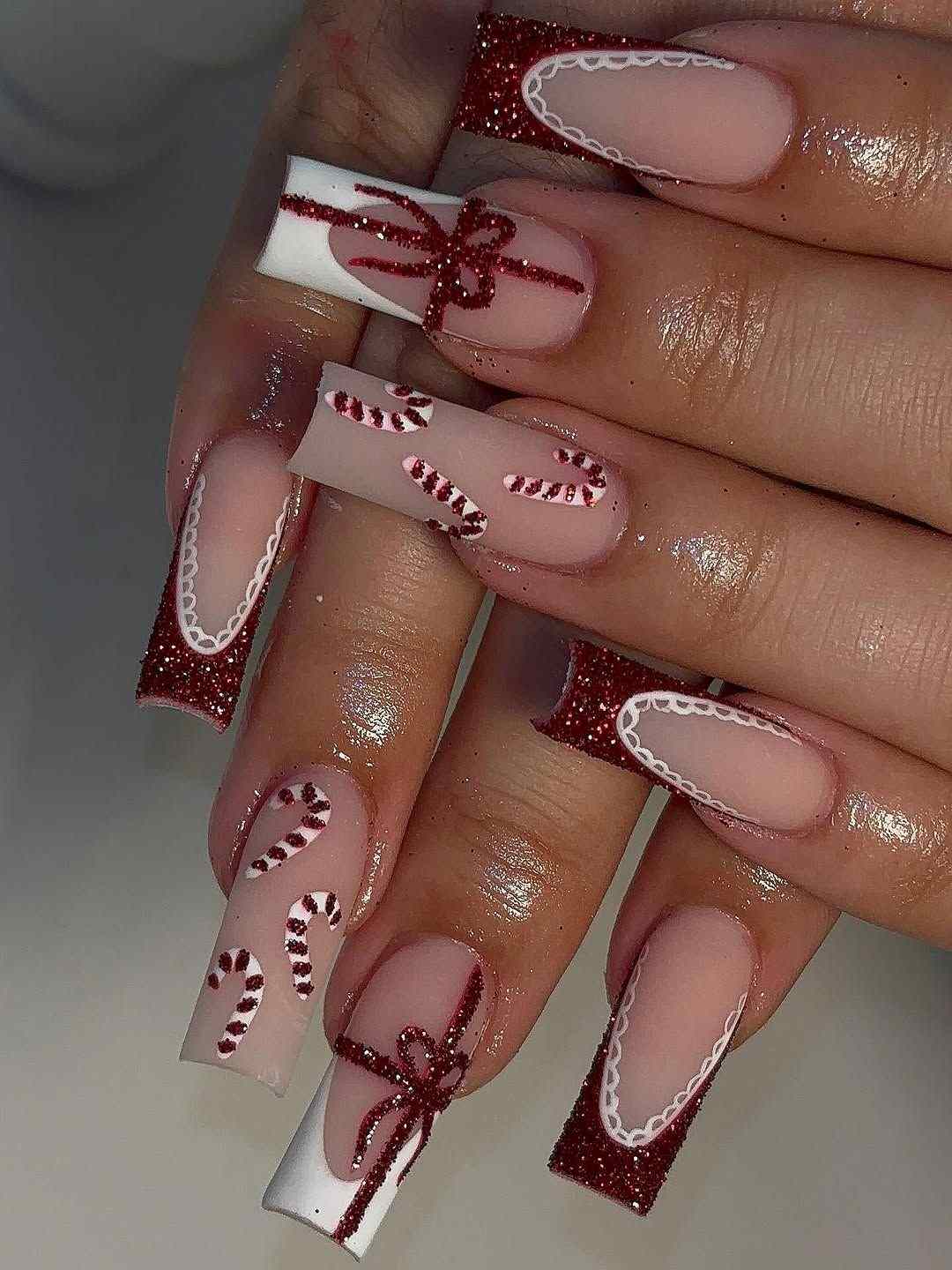 Red Glitter Candy French Nails