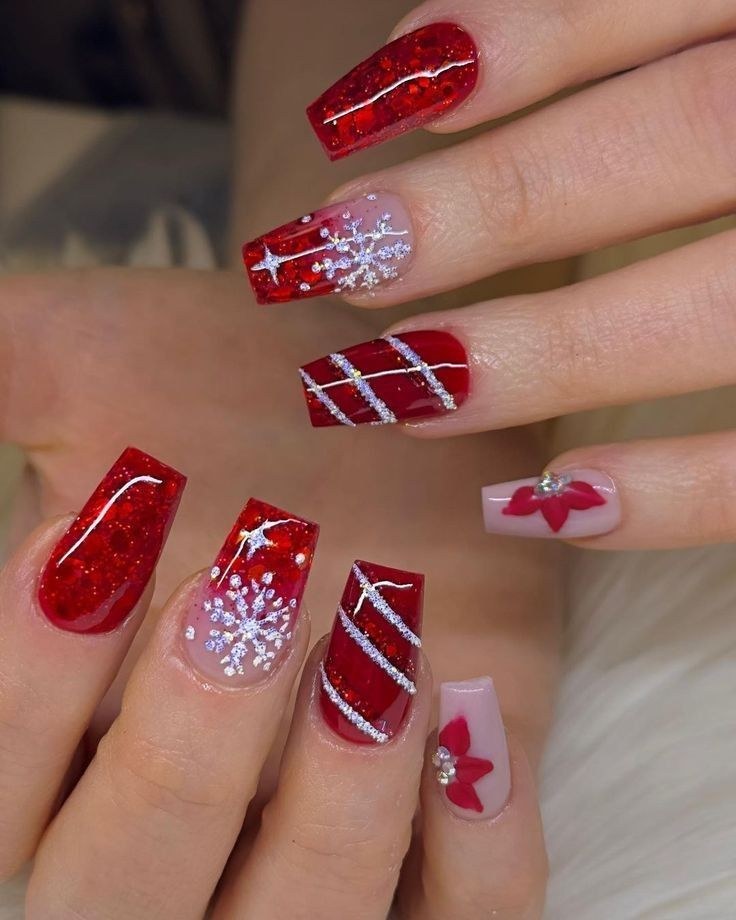 Red Glitter Christmas Mix Nails
