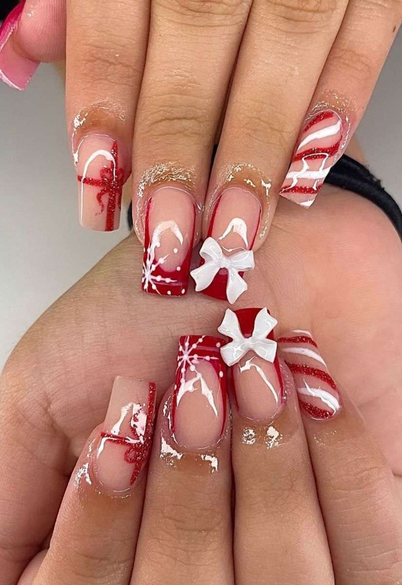 Red Glitter French Bow Nails