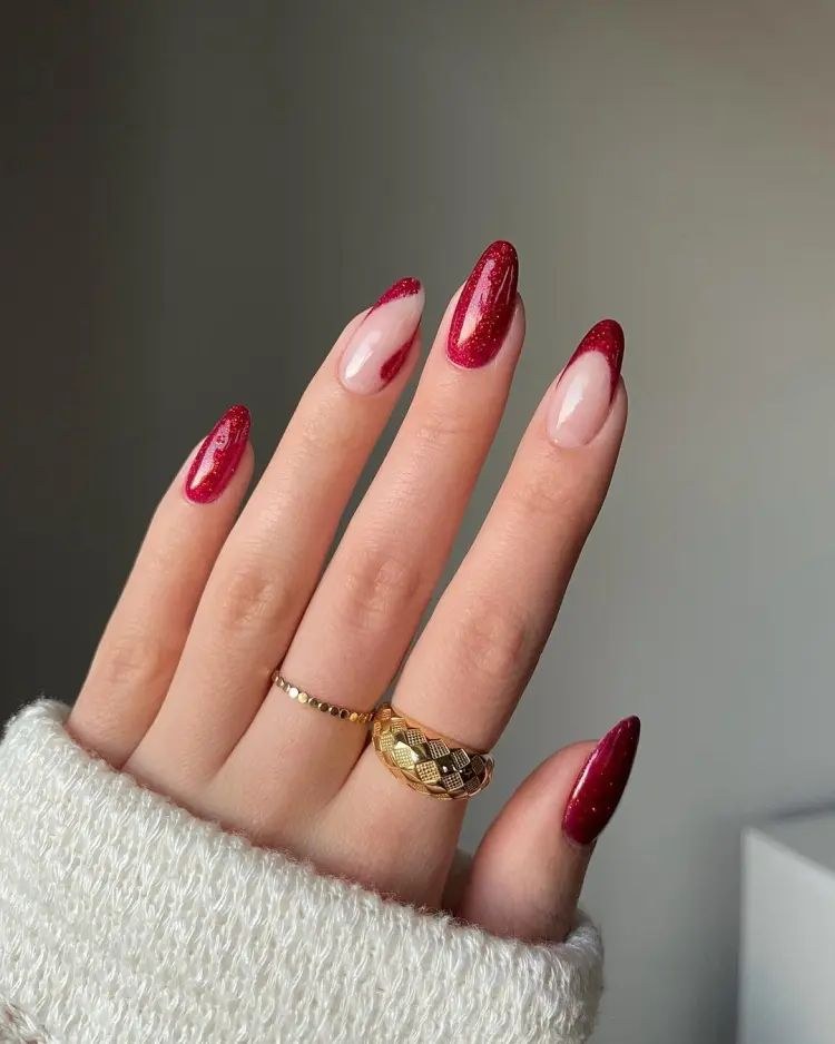 Red Glitter French Burgundy Nails