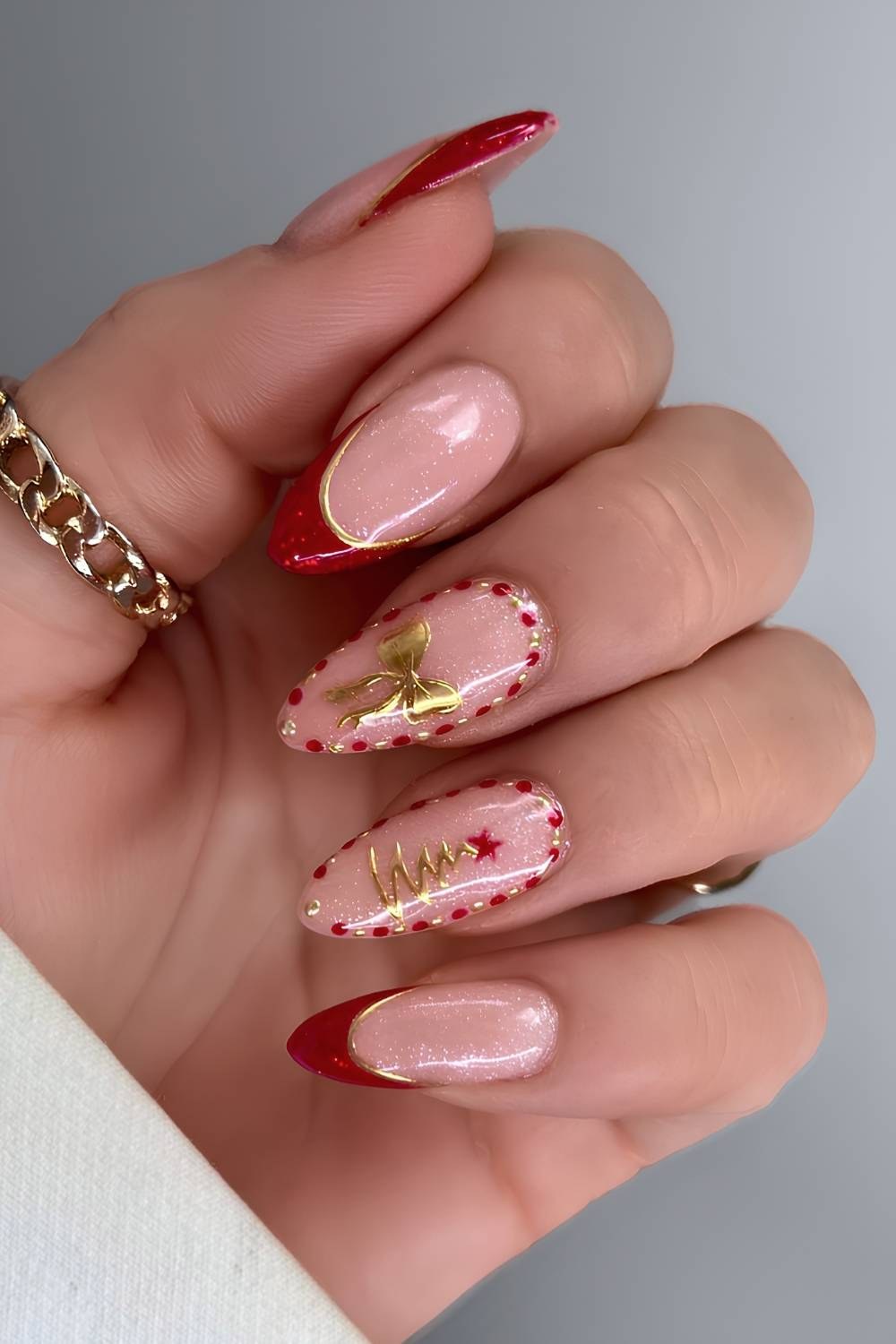 Red Glitter French Gold Art Nails