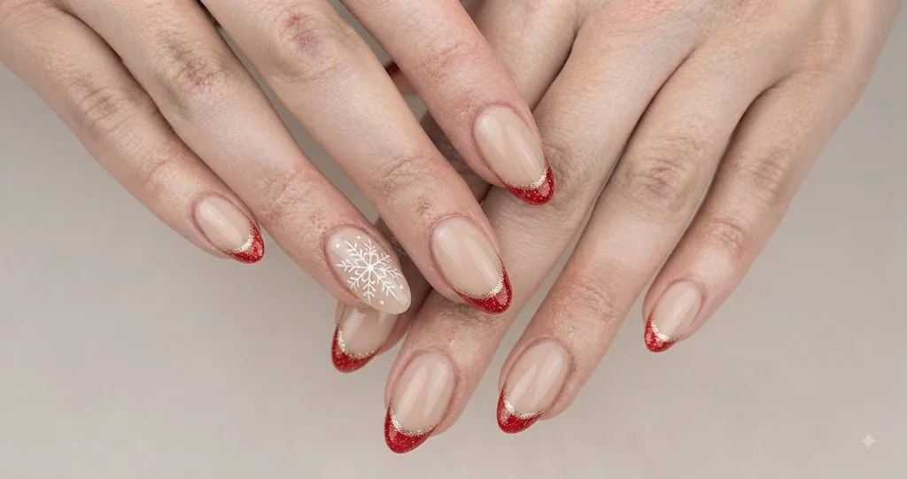 Red Glitter French Snowflake Almond Nails