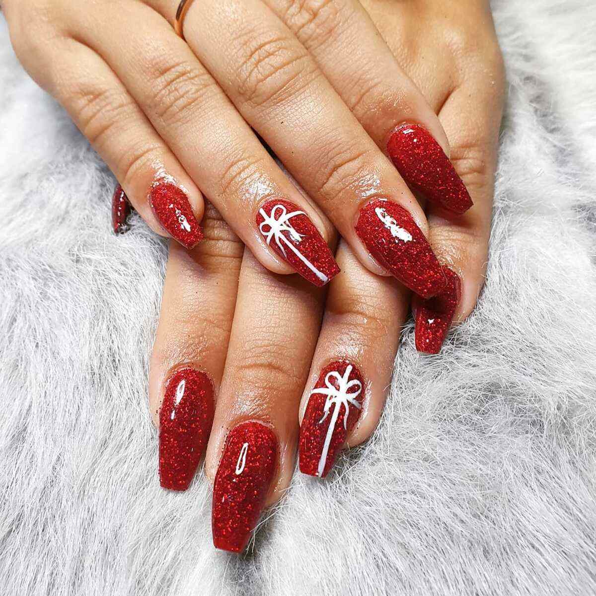 Red Glitter Gift Bow Coffin Nails