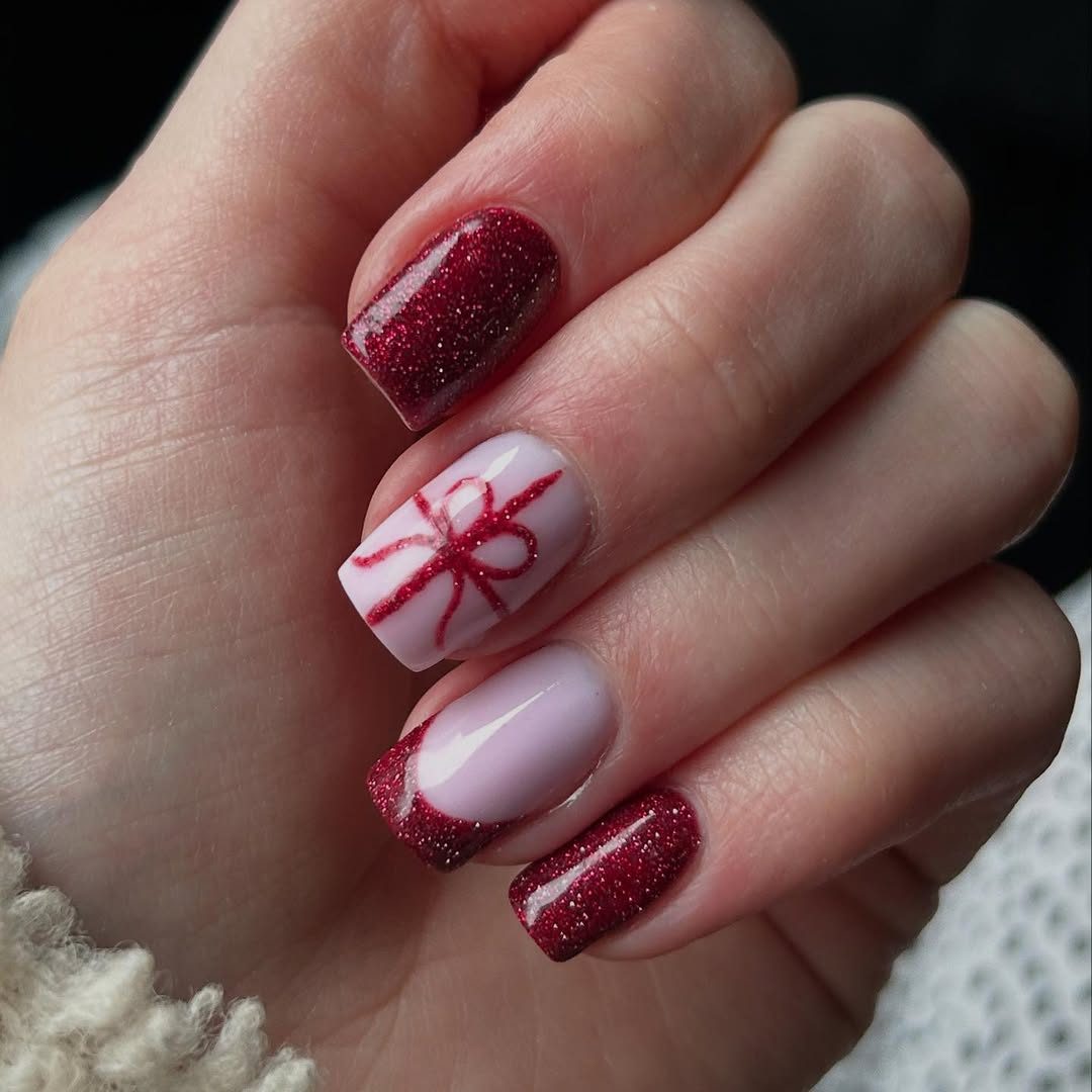 Red Glitter Gift Bow Square Nails
