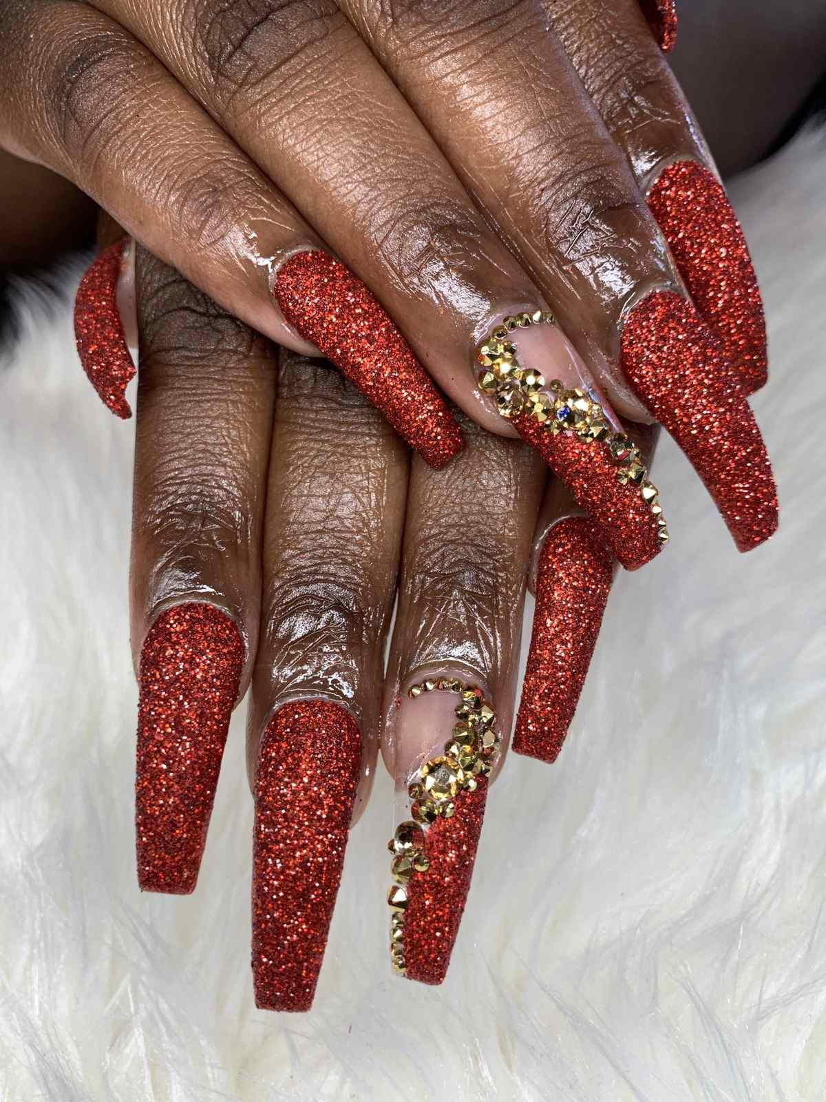 Red Glitter Gold Rhinestone Nails