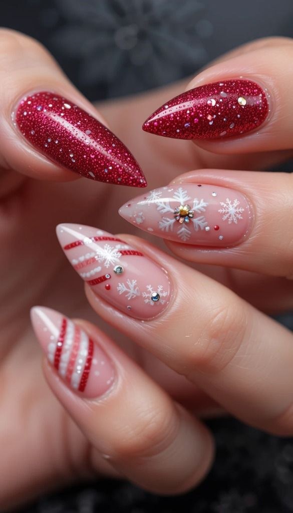 Red Glitter Peppermint Stiletto Nails