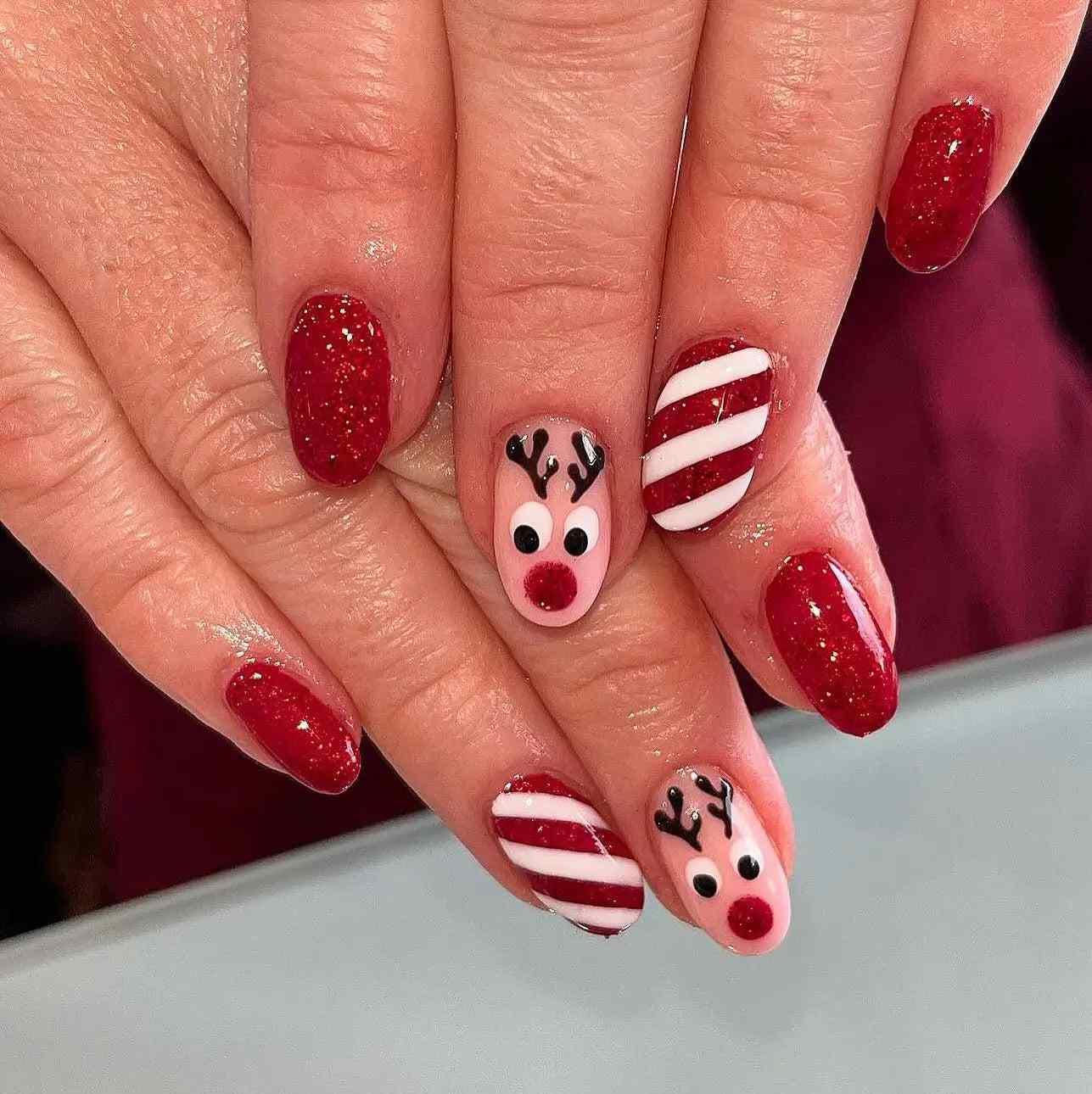 Red Glitter Reindeer Stripe Nails