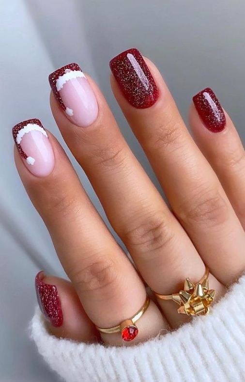 Red Glitter Santa Hat Tip Nails