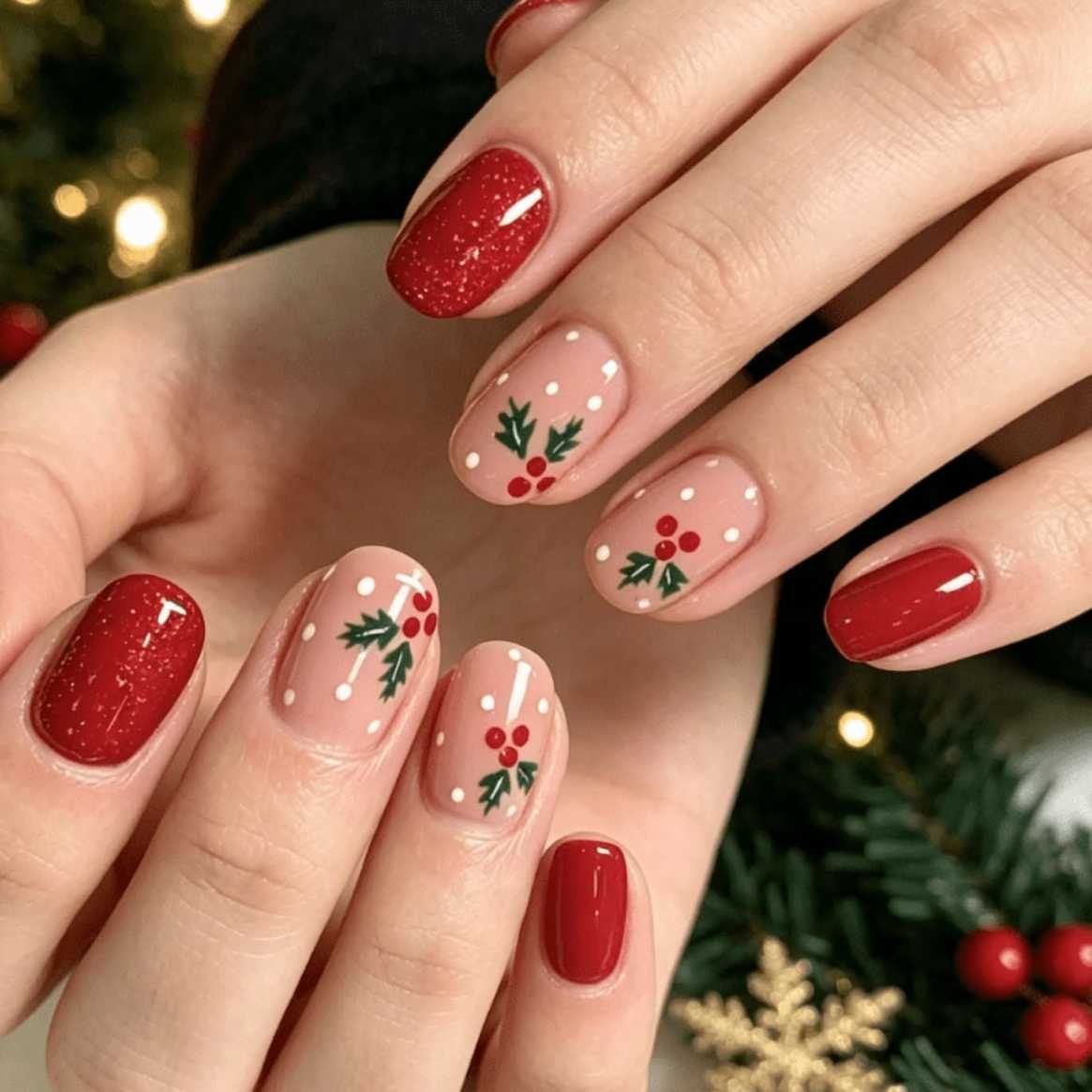 Red Glitter Short Nails With Christmas Holly Berries And Snow Dots