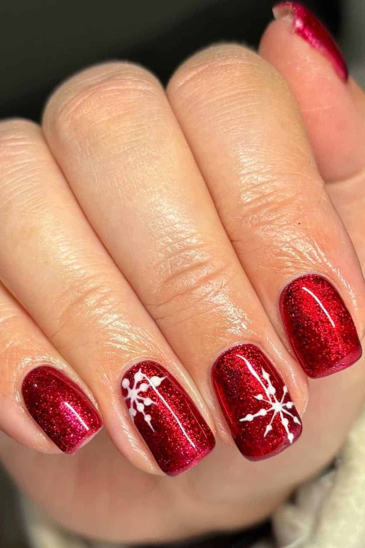 Red Glitter Snowflake Accent Nails