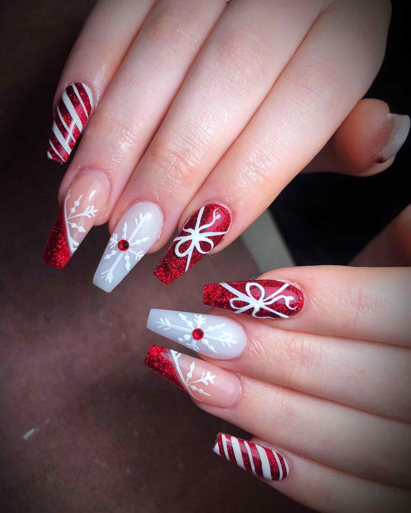 Red Glitter Snowflake Bow Coffin Nails