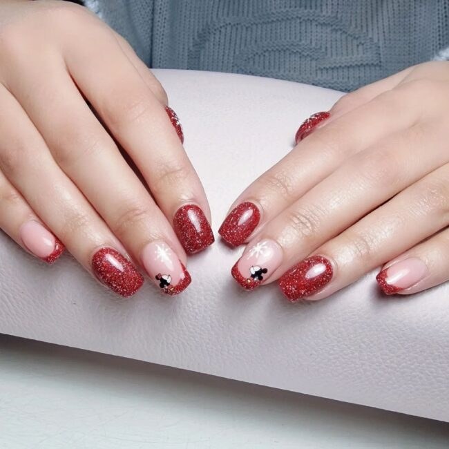 Red Glitter Tiny Mickey Accent Disney Nails