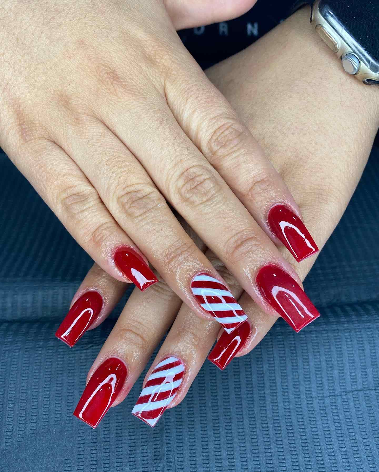 Red Glossy Candy Stripe Coffin Nails