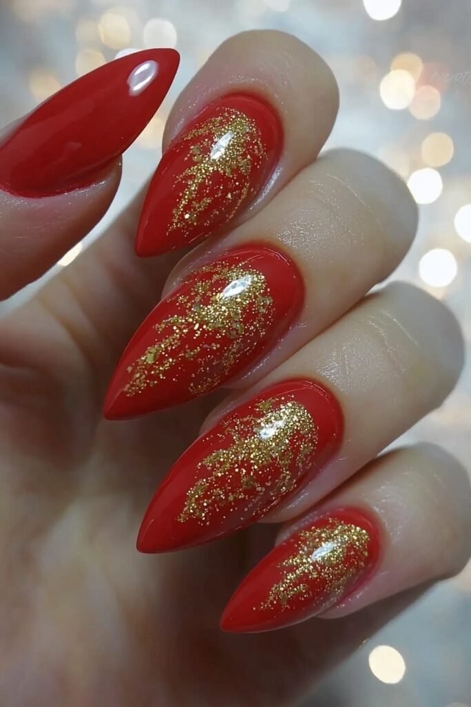 Red Gold Glitter Almond Nails