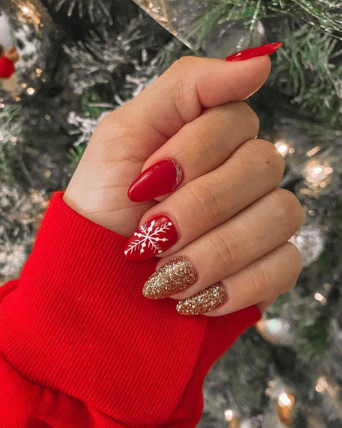 Red Gold Glitter Snowflake Almond Nails