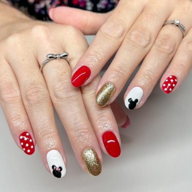 Red Gold Polka Mickey Minnie Disney Nails