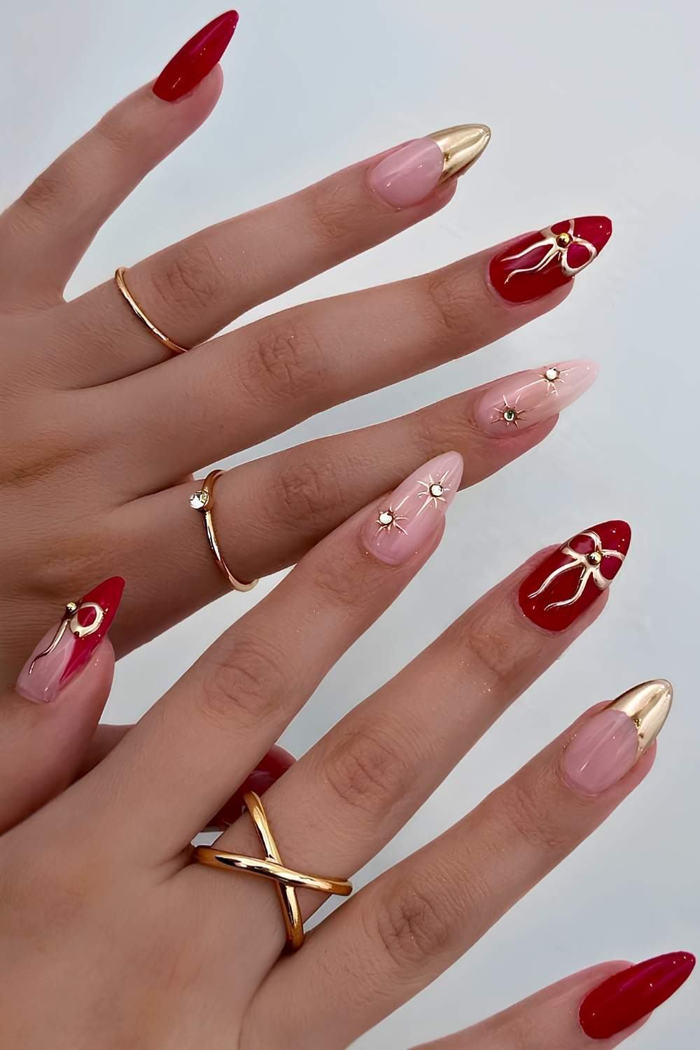 Red Gold Rhinestone Bow Nails