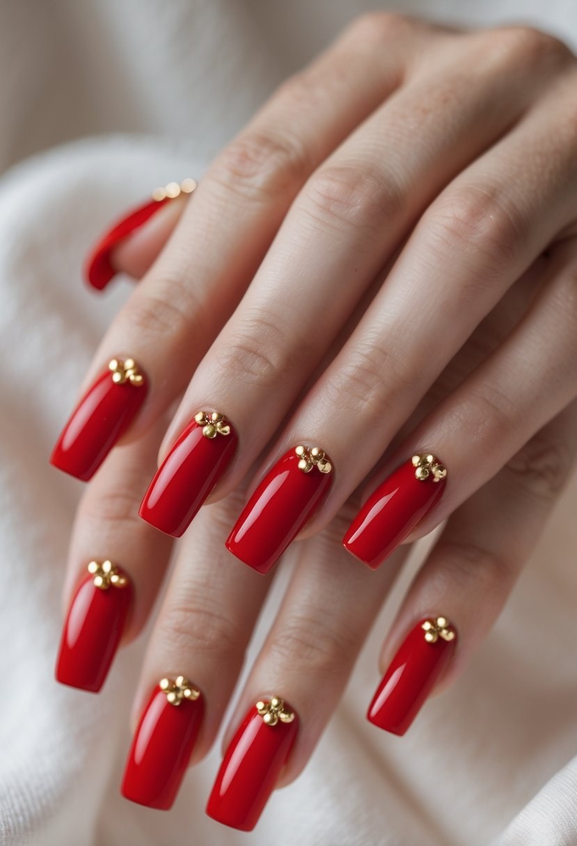 Red Gold Stud Square Nails