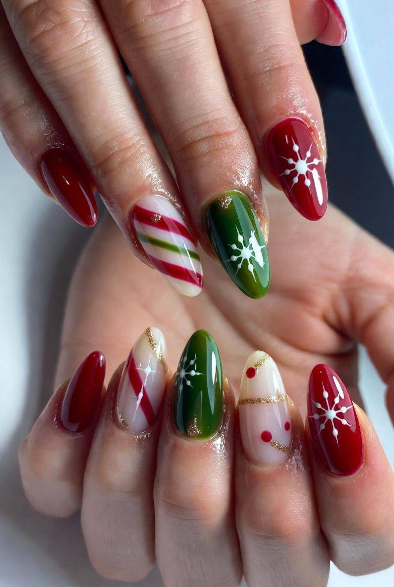 Red Green Candy Snowflake Stiletto Nails
